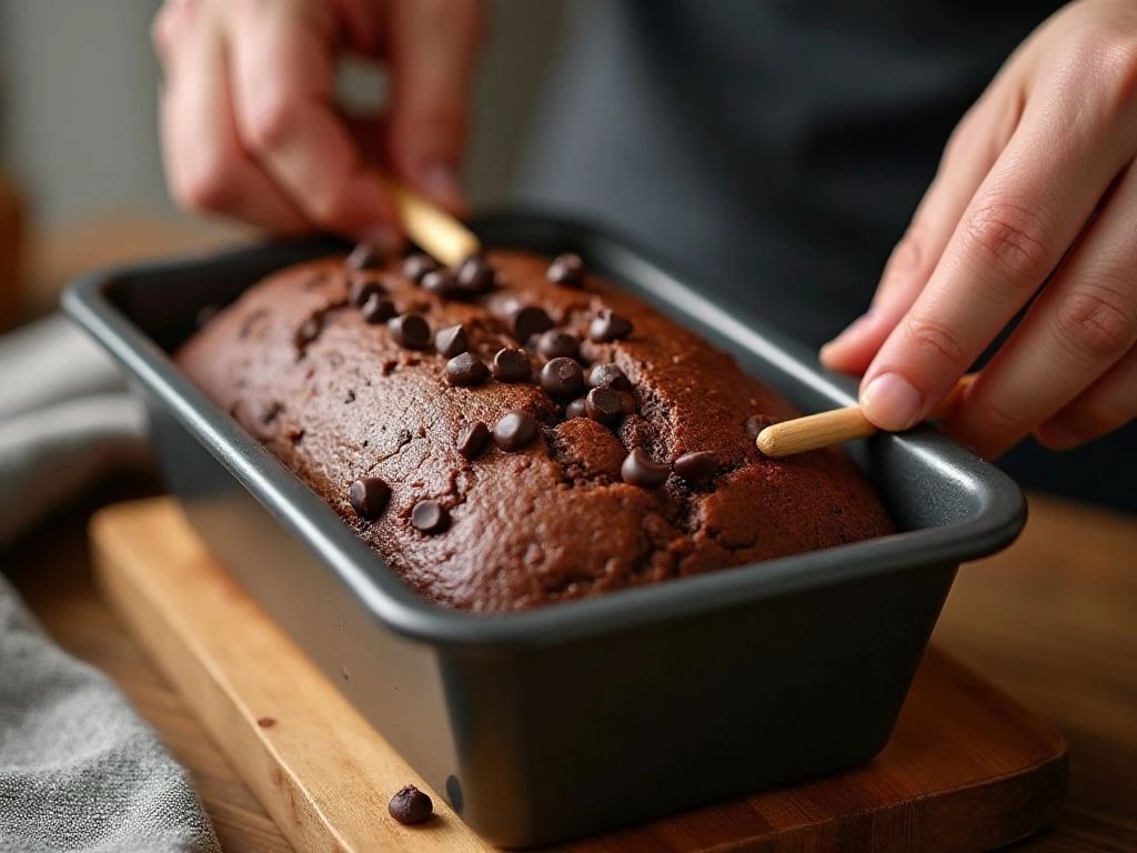 Toothpick testing the center of baked chocolate banana bread