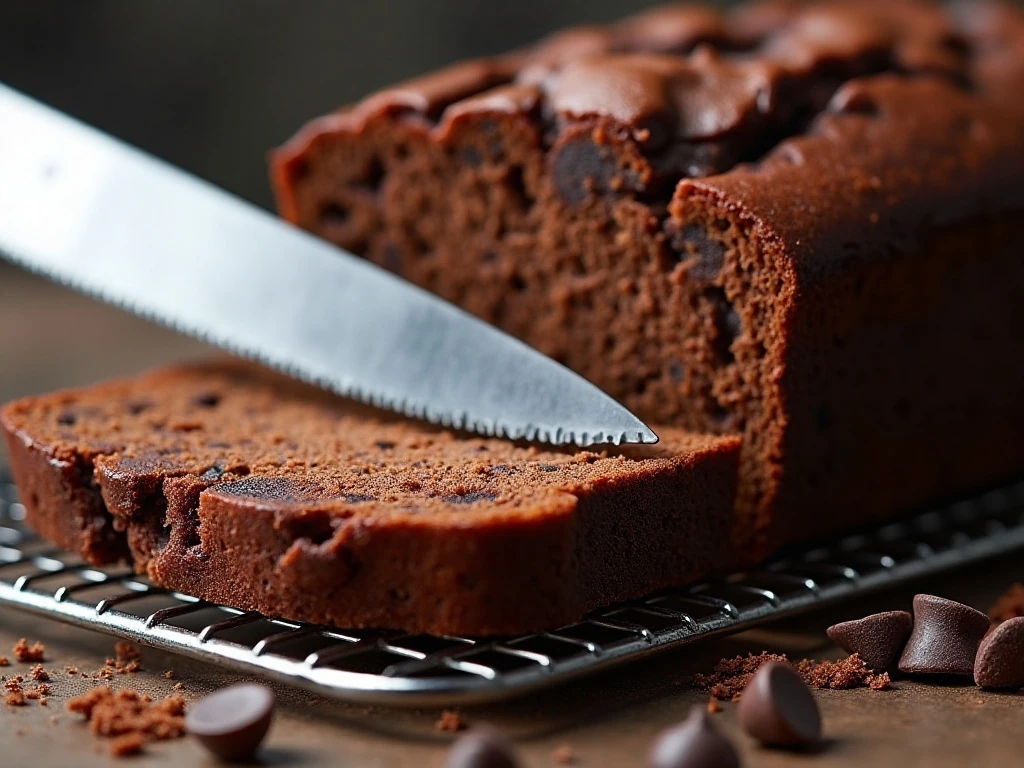 Chocolate banana bread being sliced to reveal its moist crumb