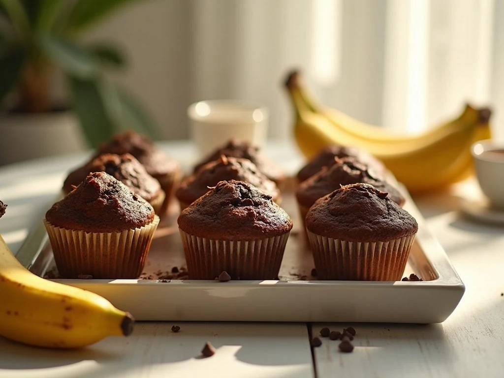 A platter of moist chocolate banana muffins with ripe bananas