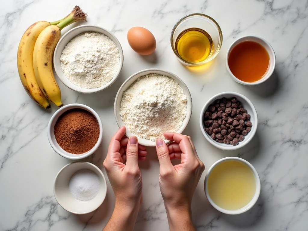 Ingredients for easy chocolate banana muffins arranged on a counter