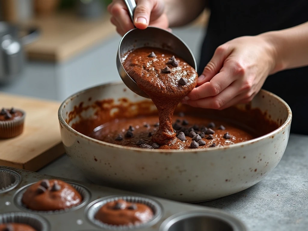 Chocolate banana muffin batter being folded with chocolate chips