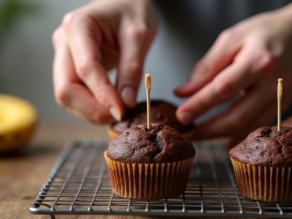 Testing a chocolate banana muffin for doneness with a toothpick