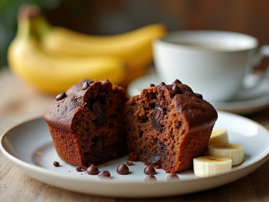 Chocolate banana muffin split open with melted chocolate chips