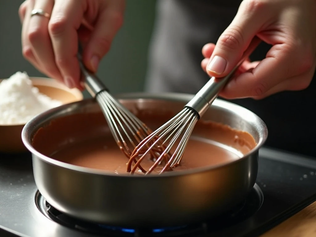 Stirring the warm cocoa mixture for brownie frosting