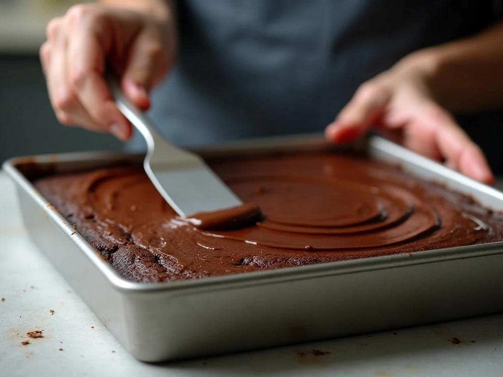 Spreading warm chocolate frosting over brownies
