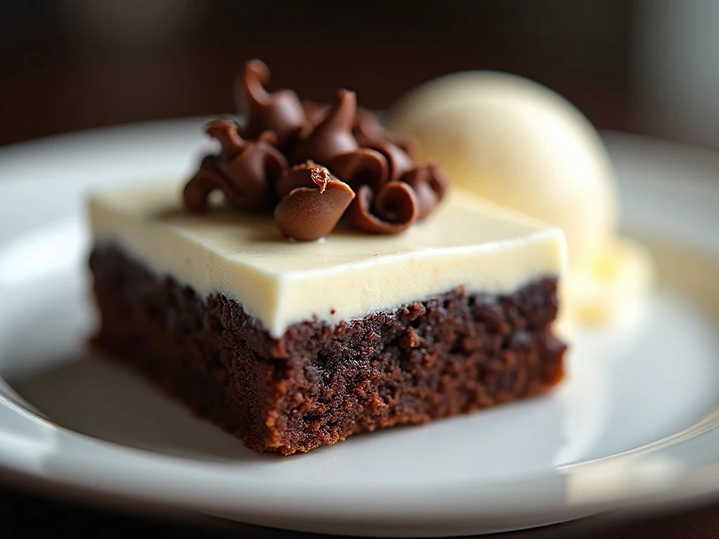 Chocolate frosted brownie served with ice cream and chocolate curls