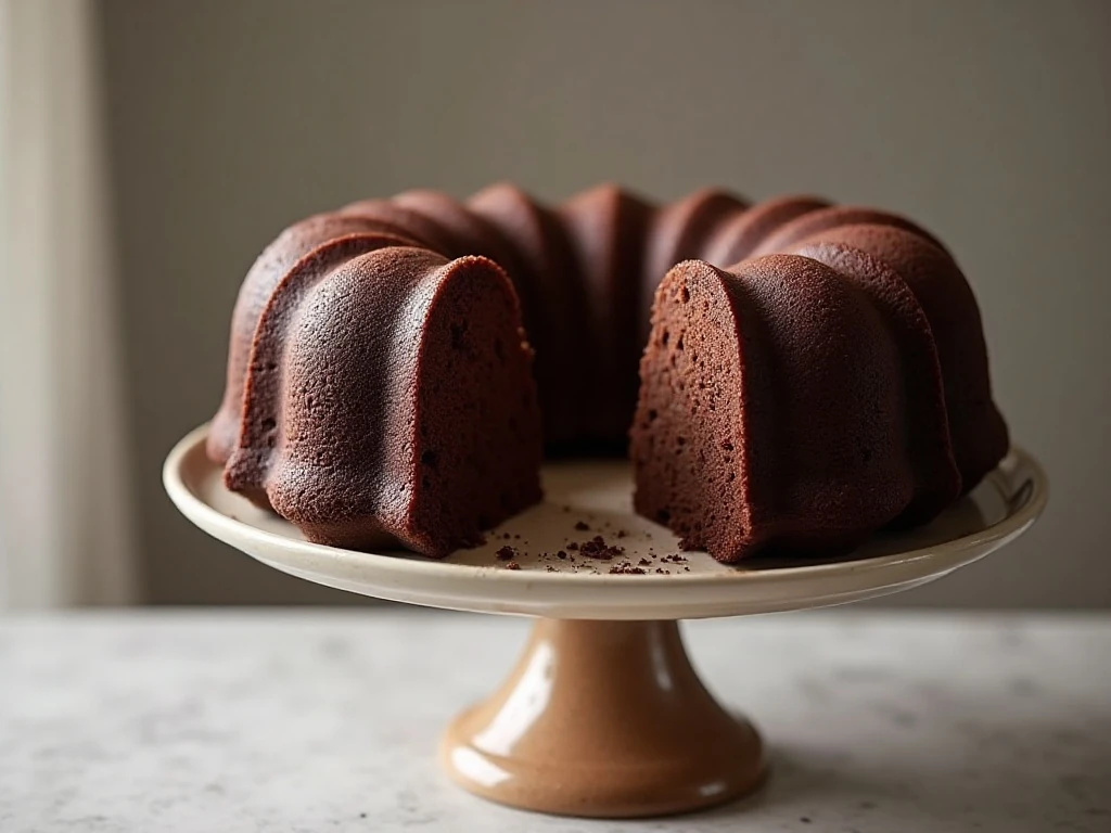 Moist chocolate Bundt cake with one slice showing its tender crumb