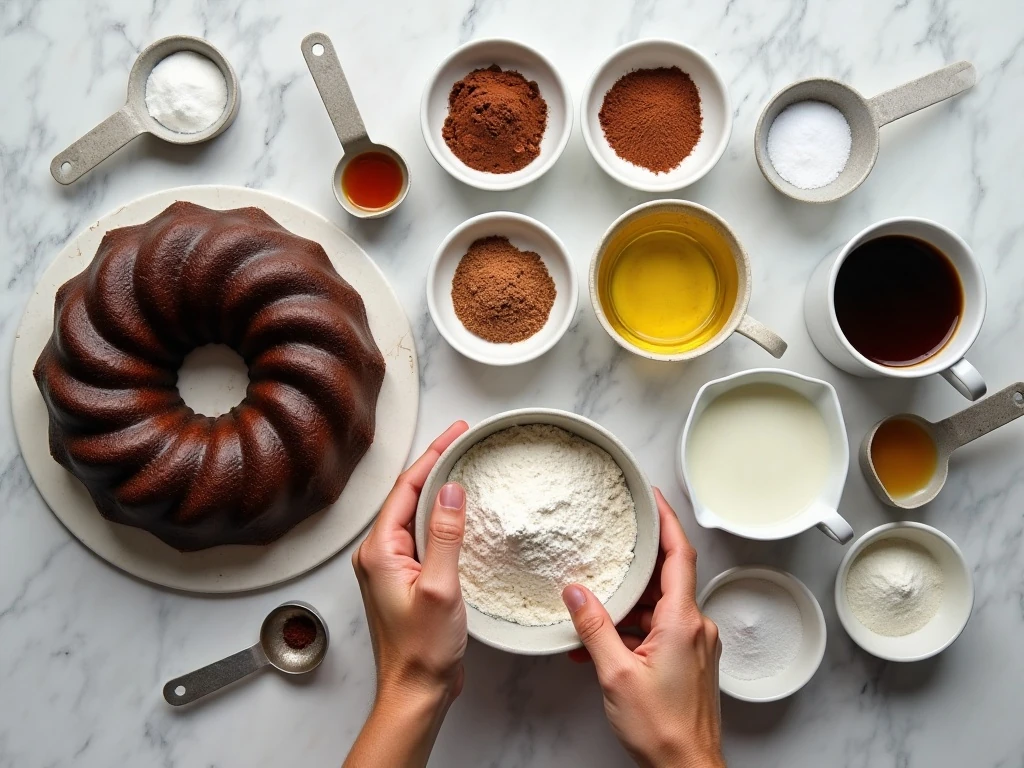 Ingredients for a moist chocolate Bundt cake arranged on a counter