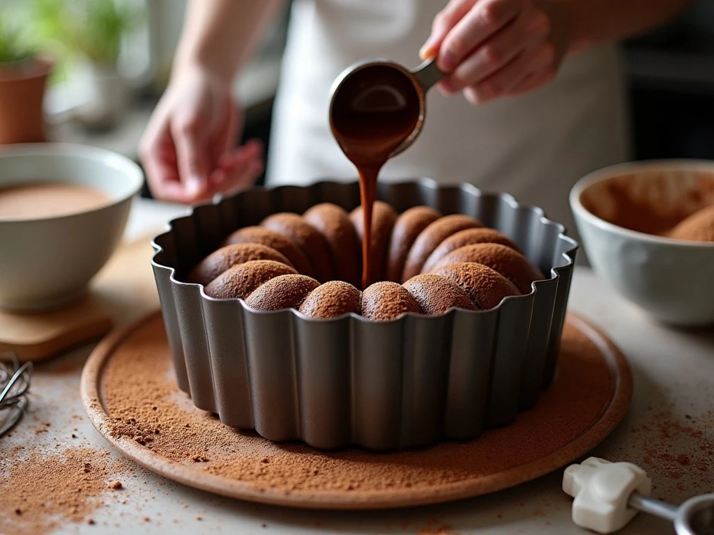 Chocolate Bundt cake batter being poured into a prepared pan