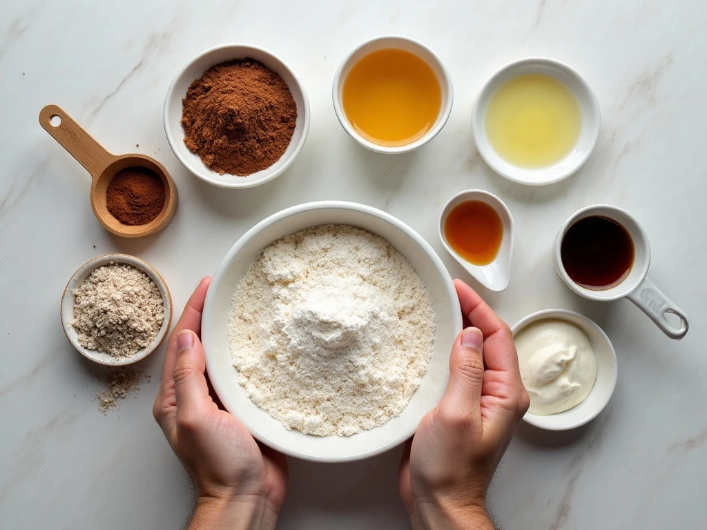 Ingredients for chocolate cake and mocha mascarpone frosting