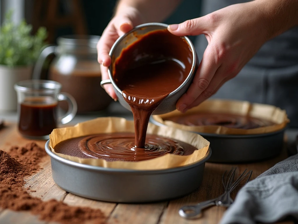 Chocolate cake batter being divided between round cake pans