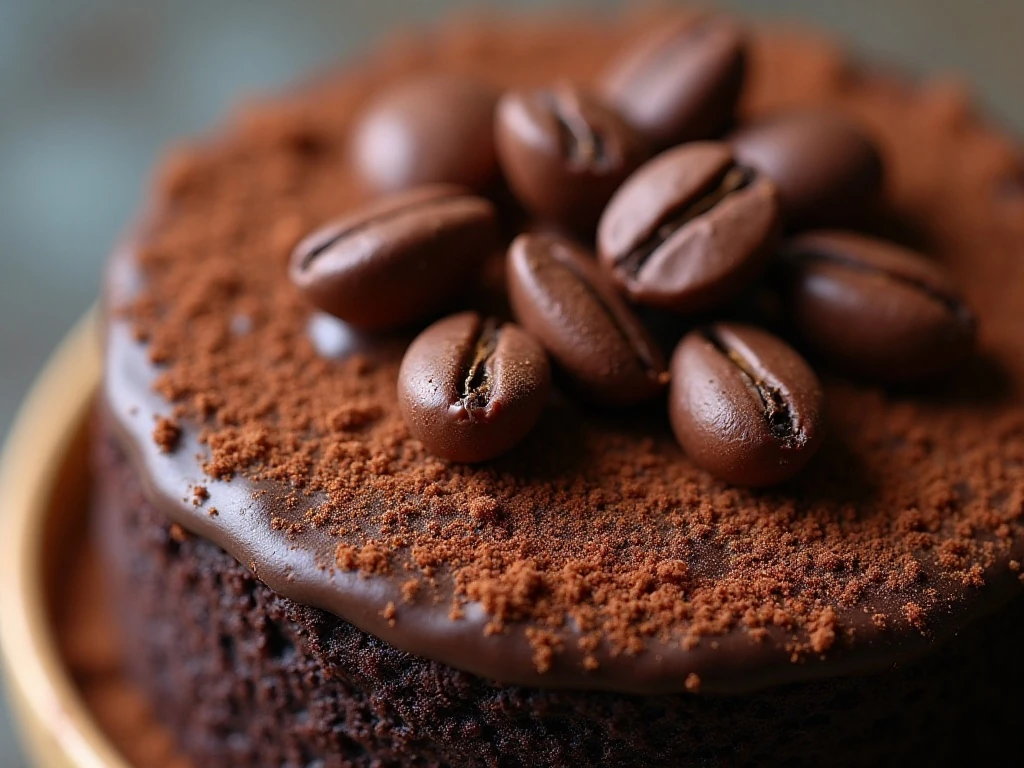 Chocolate curls and espresso beans decorating mocha cake