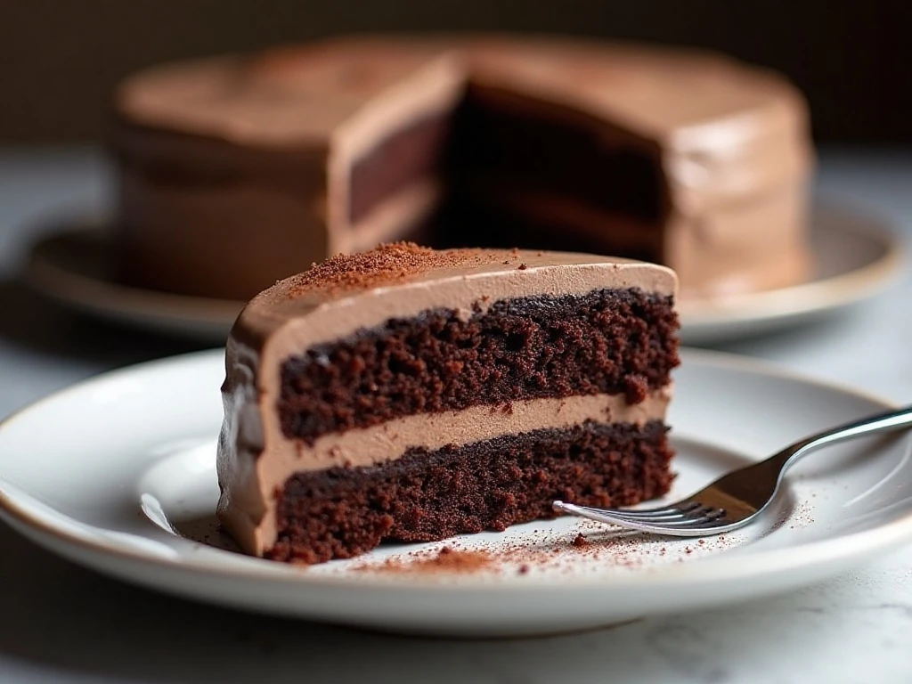 Chilled slice of chocolate cake with clean frosting layers