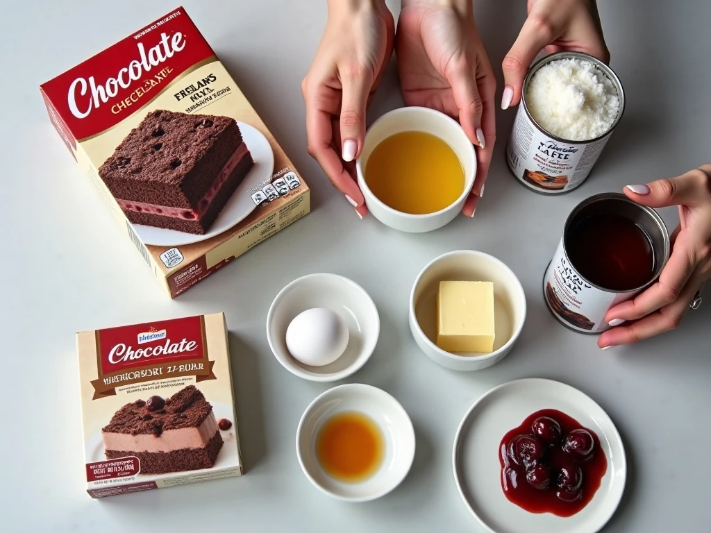 Ingredients for chocolate cherry cheesecake bars arranged for baking