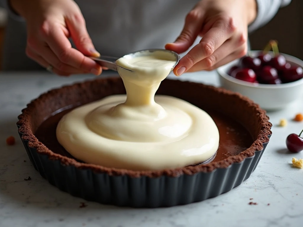 Spreading the cheesecake layer over the chocolate crust