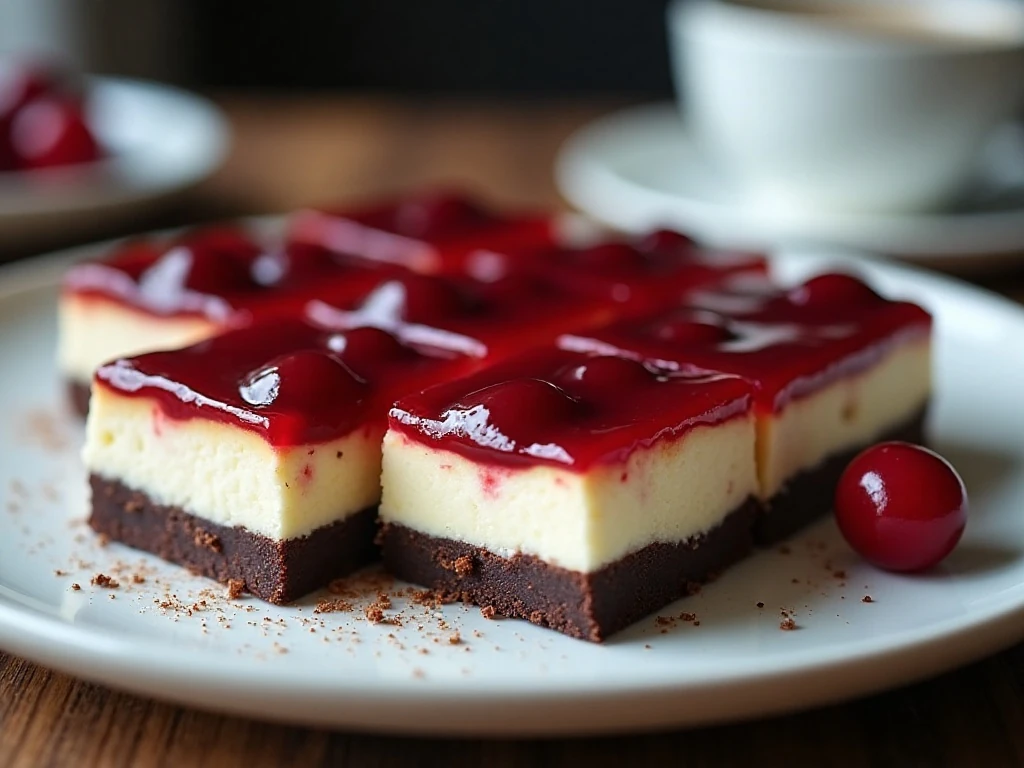 Plated chocolate cherry cheesecake bars ready to serve