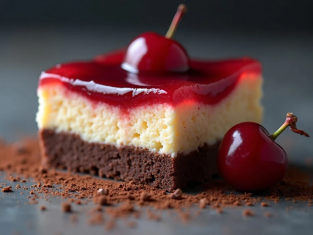 Close-up of a chilled chocolate cherry cheesecake bar
