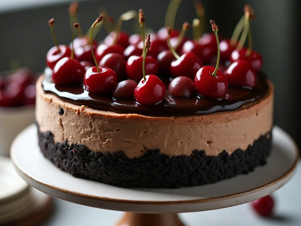 Decadent chocolate cherry cheesecake with glossy cherry topping