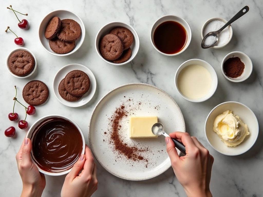 Ingredients for chocolate cherry cheesecake arranged on a counter