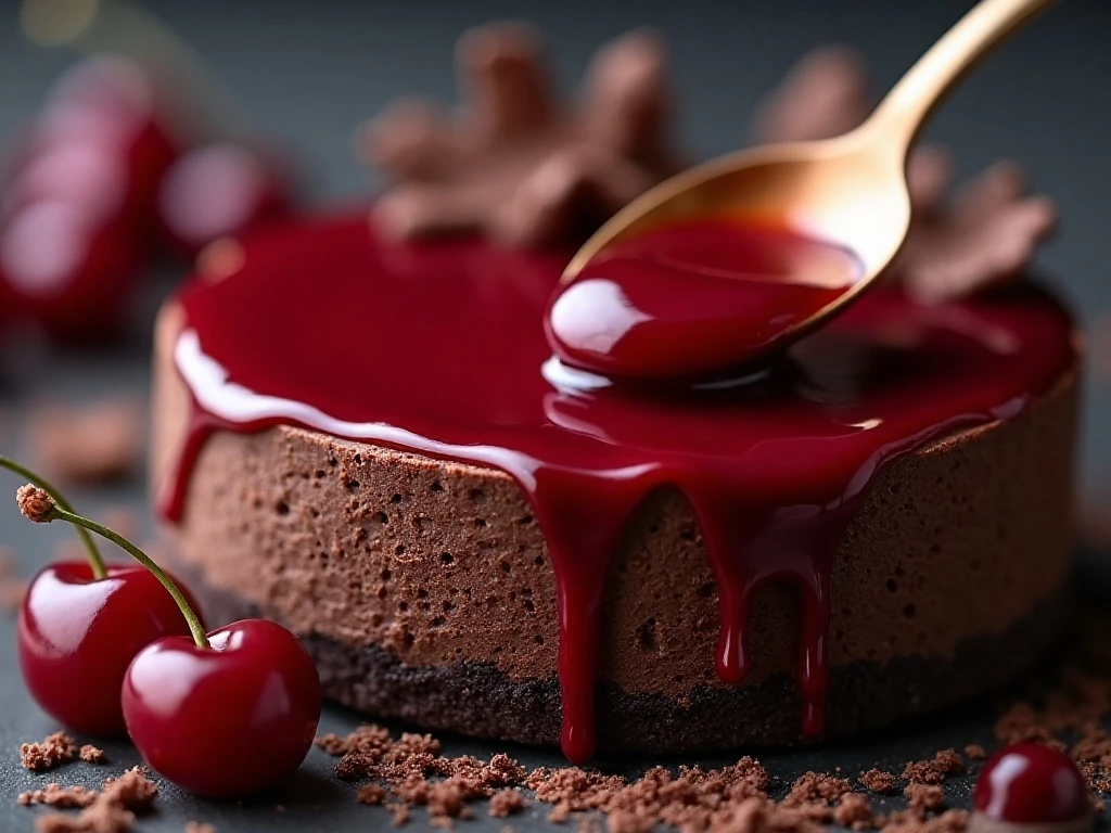 Cherry topping and chocolate ganache on cheesecake