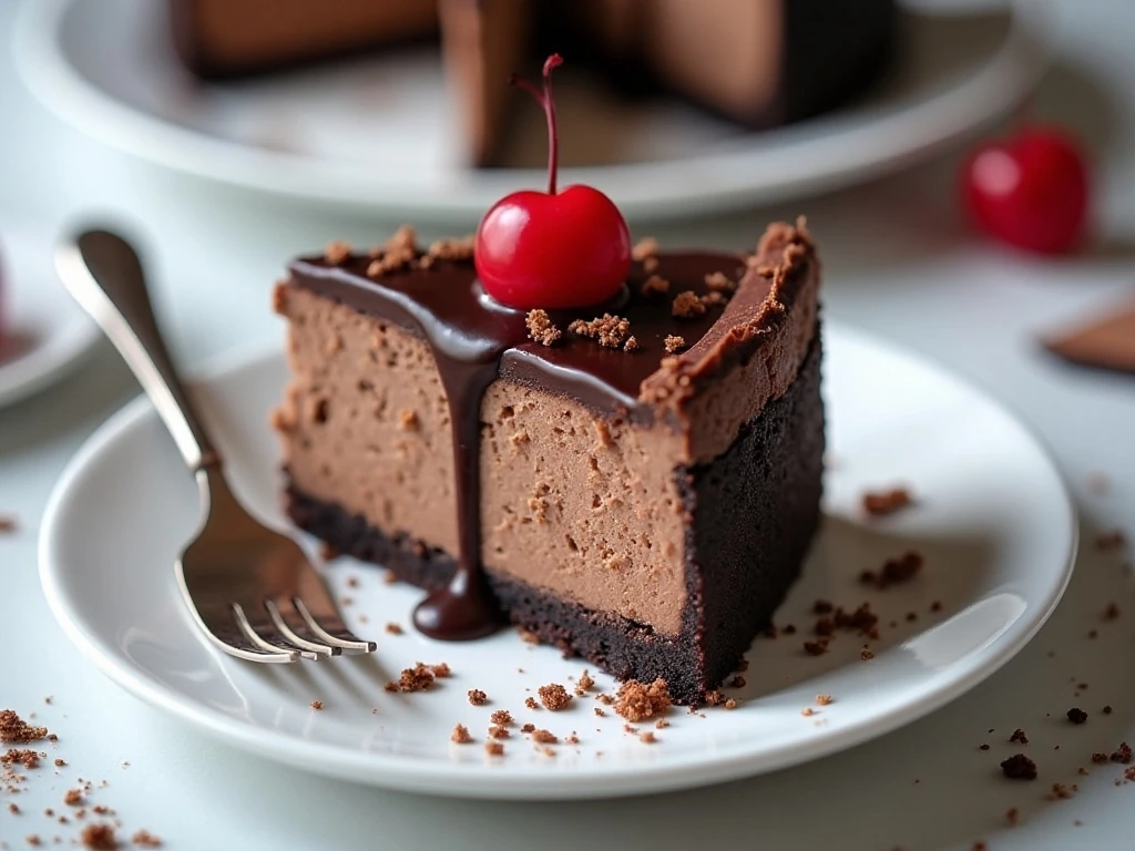 Slice of chocolate cherry cheesecake ready to serve