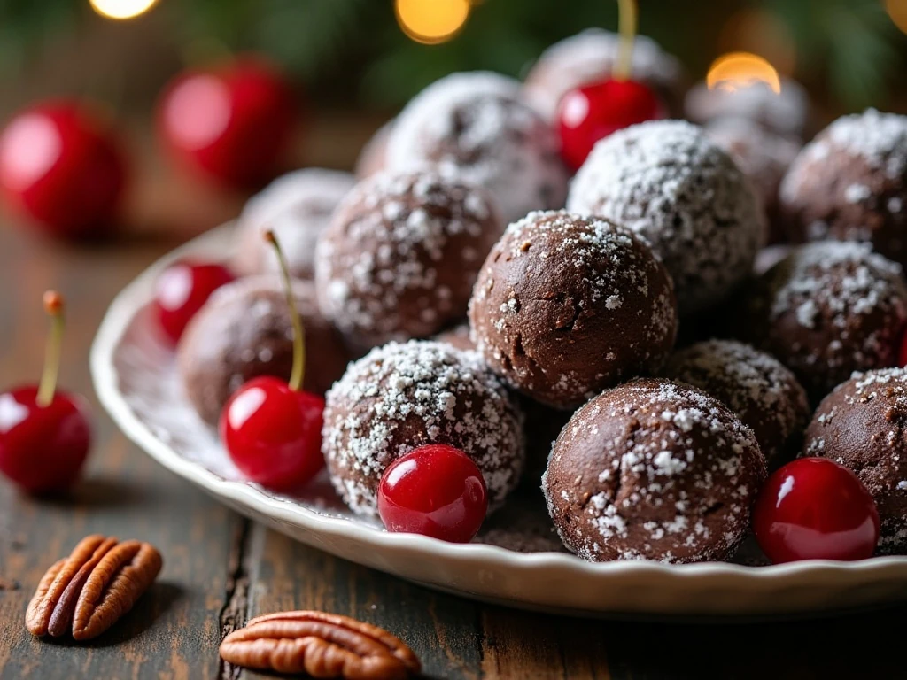 Chocolate cherry cookie balls arranged on a festive platter