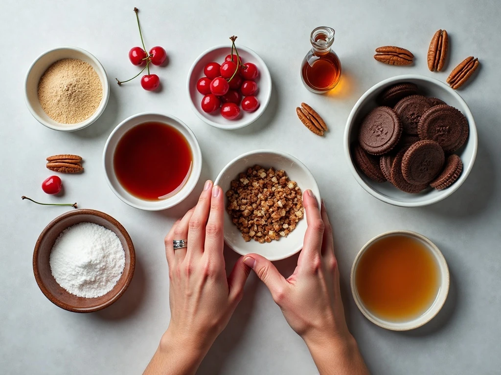 Ingredients for no-bake chocolate cherry cookie balls