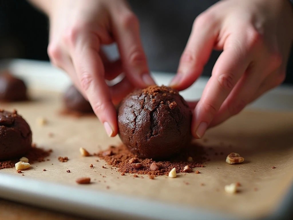 Shaping chocolate cherry cookie mixture into balls