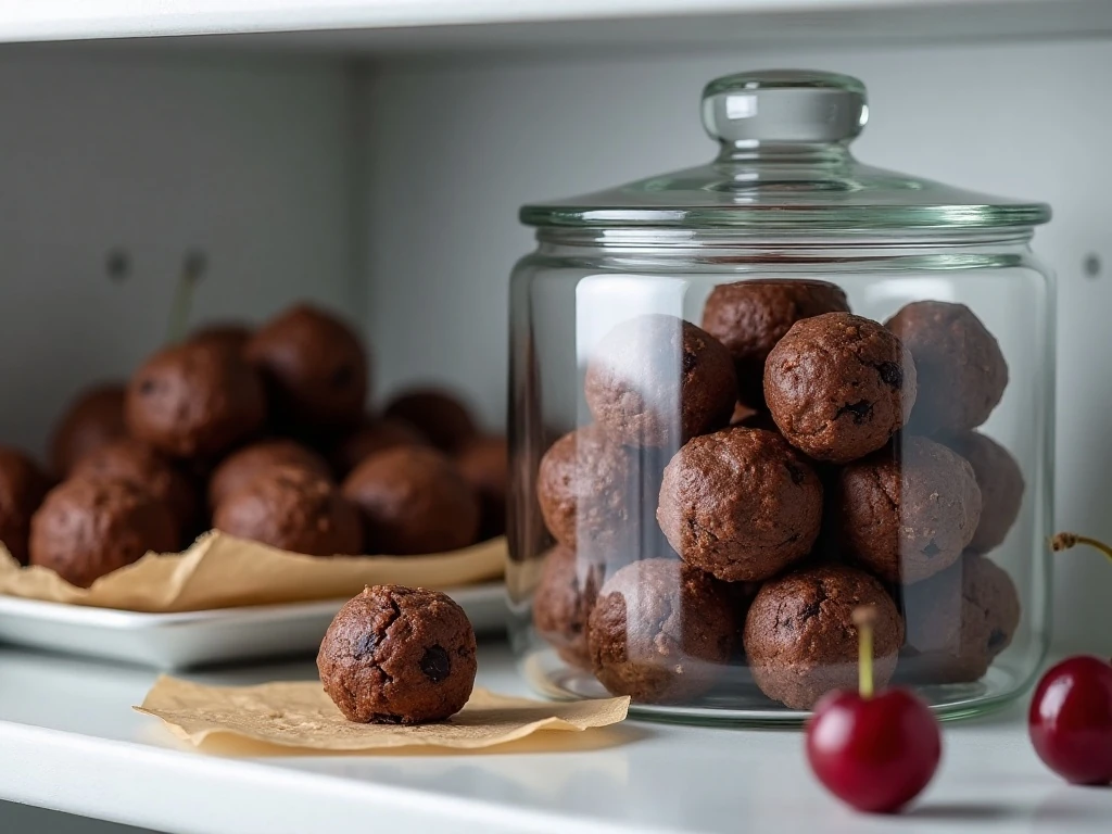 Chocolate cherry cookie balls stored for make-ahead serving