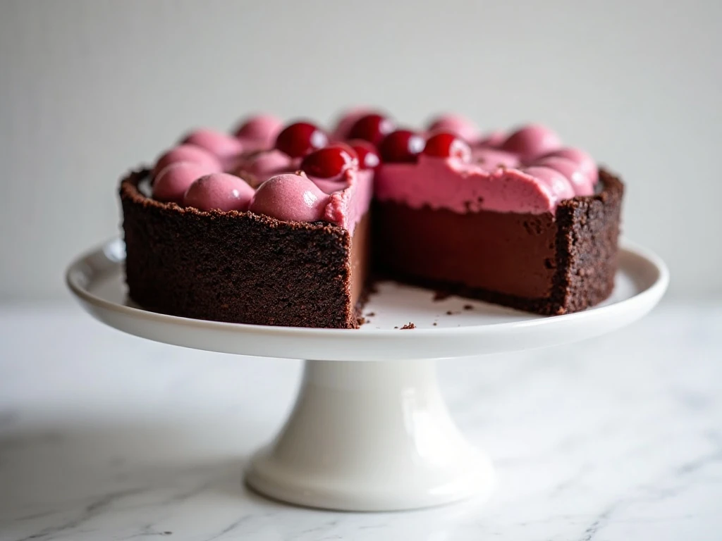 Whole chocolate cherry Jello pie with one slice showing the chocolate crust and cherry filling