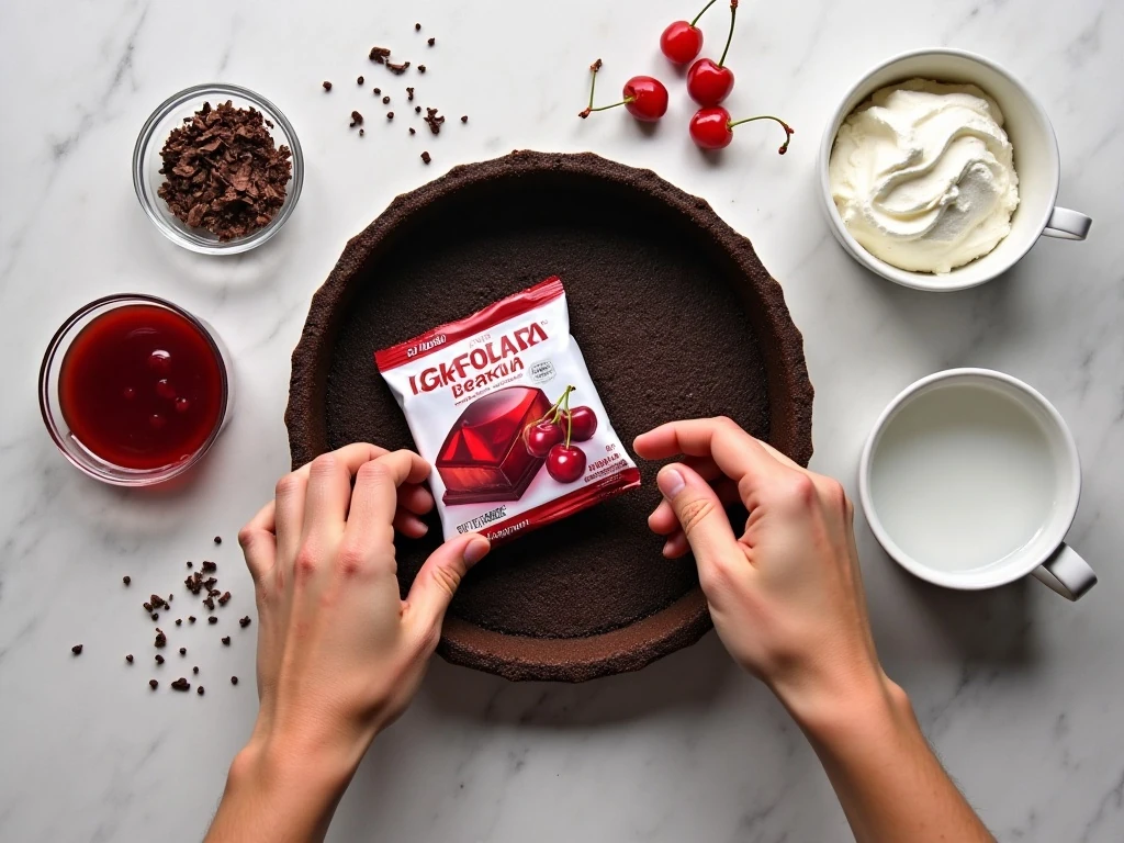Ingredients for chocolate cherry Jello pie arranged in a flat lay