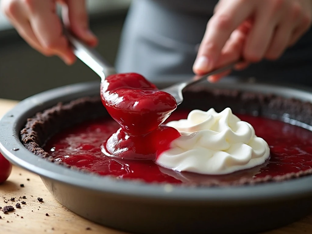 Folding cherry pie filling and whipped topping into gelatin for the pie