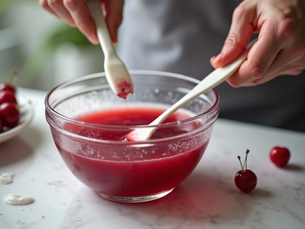Slightly thickened cherry gelatin ready for the whipped topping