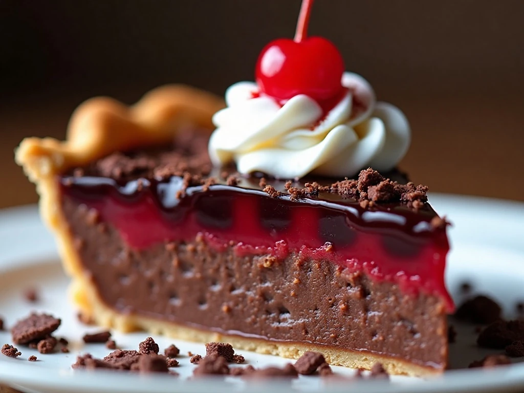 Chocolate cherry pie slice with whipped topping chocolate shavings and cherry garnish