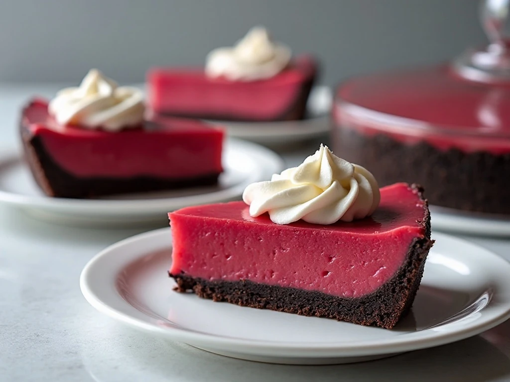 Chilled slices of chocolate cherry Jello pie ready to serve