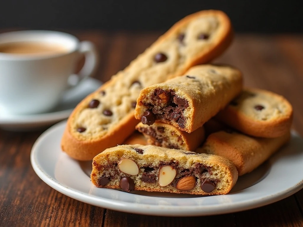 Golden crunchy chocolate chip almond biscotti served with espresso