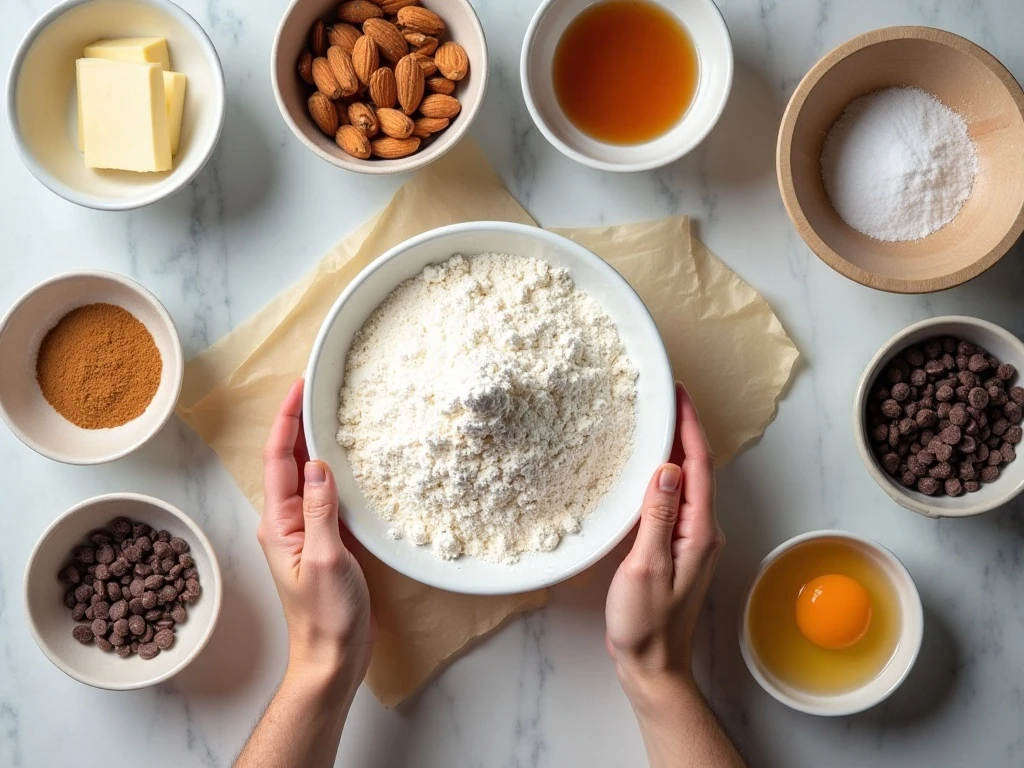Ingredients for chocolate chip almond biscotti arranged for baking