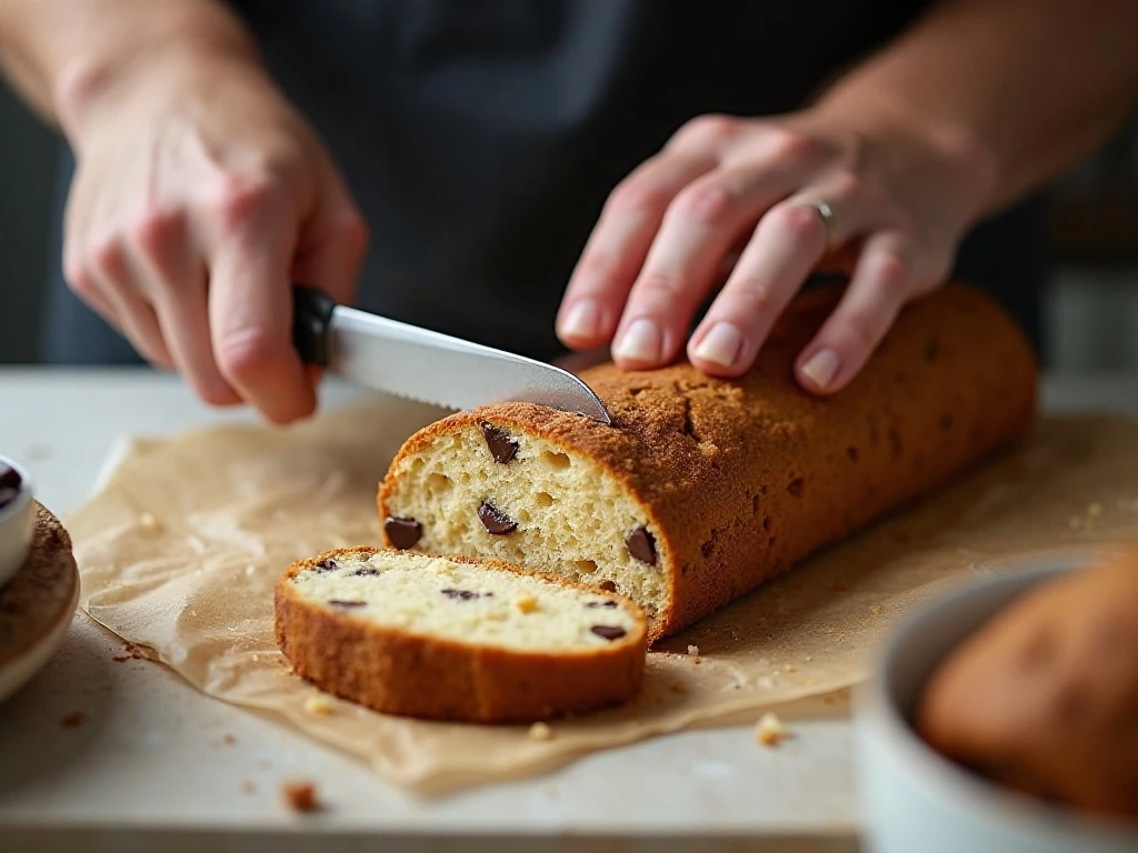 Slicing a biscotti log diagonally with a serrated knife