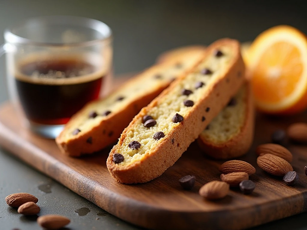 Chocolate chip almond biscotti with almonds, chocolate, and coffee