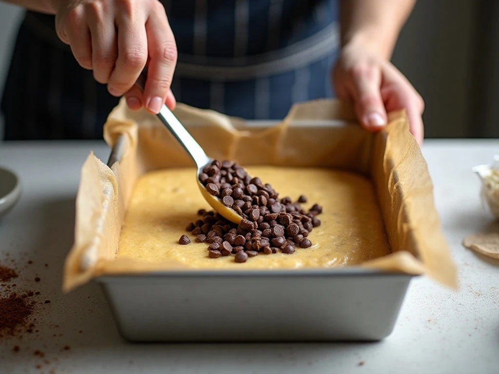 Folding chocolate chips into banana bar batter