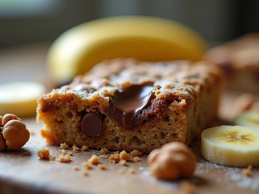 Close-up of moist banana bar texture and chocolate chips
