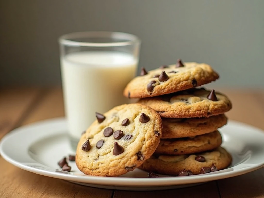 Stack of easy chocolate chip cake mix cookies served with milk