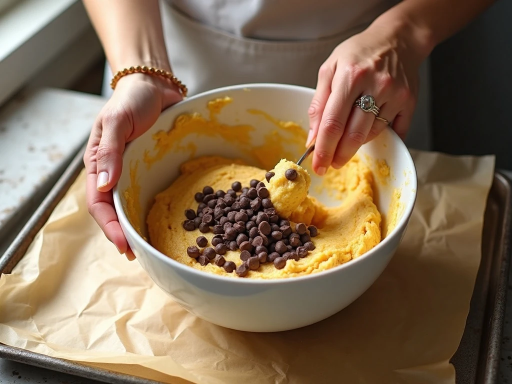 Mixing chocolate chips into cake mix cookie dough