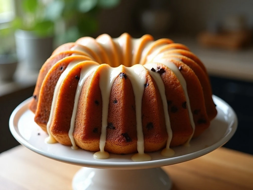 Moist chocolate chip Bundt cake with vanilla glaze