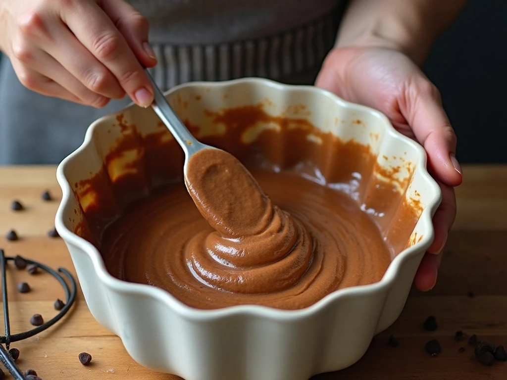 Chocolate chip cake batter being folded before baking