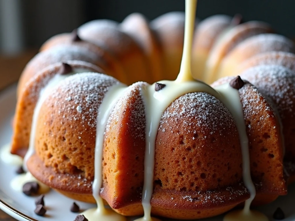 Vanilla glaze drizzled over chocolate chip Bundt cake