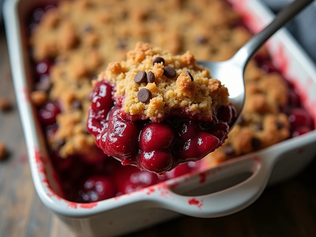 Warm chocolate chip cherry dessert with a golden topping in a baking dish