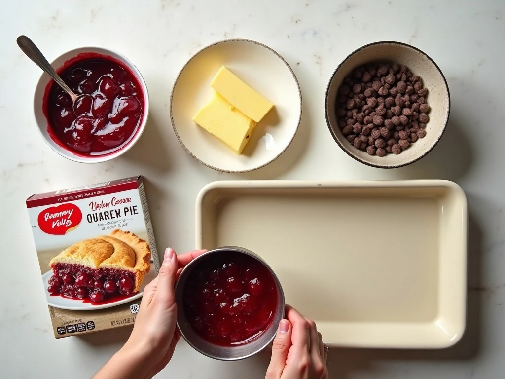 Ingredients for easy chocolate chip cherry dessert