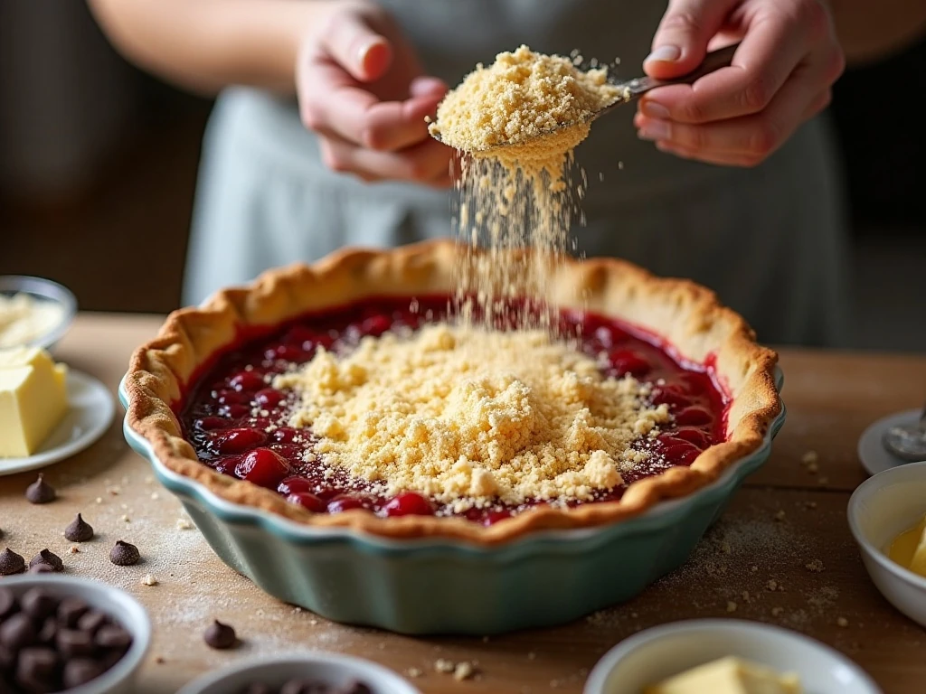 Layering cherry pie filling and dry cake mix for the dessert