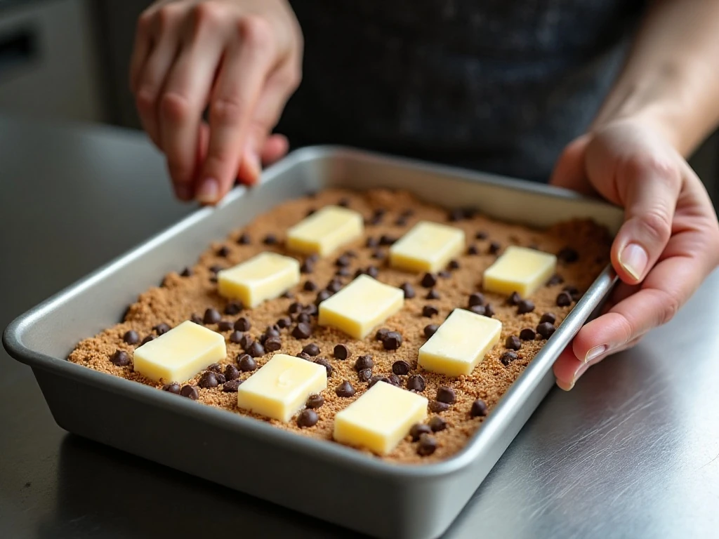 Butter slices covering the cake mix topping before baking
